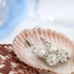 3 Piece Pearl and Shamballa Jewelry Set With Crystals 18K White Gold Plated Set in 18K White Gold Plated ITALY Design