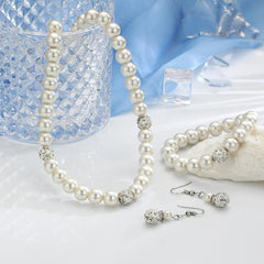 3 Piece Pearl and Shamballa Jewelry Set With Crystals 18K White Gold Plated Set in 18K White Gold Plated ITALY Design