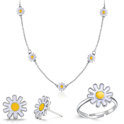 3 Piece Daisy Flower Jewelry Set 18K White Gold Plated Set in 18K White Gold Plated ITALY Design