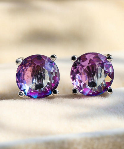 1.25ct Round Cut Purple & Pink  Stud Earrings Bi Color With Austrian Crystals in 18K White Gold Plated