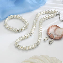 3 Piece Pearl and Shamballa Jewelry Set With Crystals 18K White Gold Plated Set in 18K White Gold Plated ITALY Design